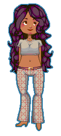 pixel art of a cutesy stylized gal with brown skin, flushed cheeks and chin, long curly purple-ish hair, wearing a grey crop top, low-rise bell-bottoms with a quatrefoil pattern, brown belt with gold buckle, I didn't finish her shoes but there's heels